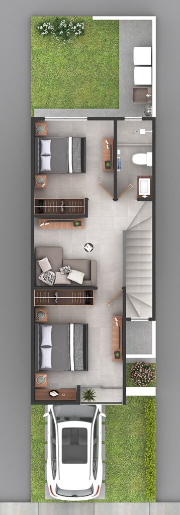 Distribución de espacios en planta alta de la casa en venta modelo Dahlia en GJV Residencial, en León, Gto.