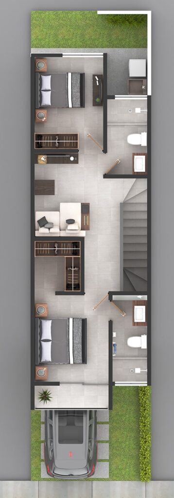 Distribución de espacios en la planta alta con recámara principal con walk-in closet y baño completo de la casa en venta modelo Magnolia en GJV Residencial, en León, Gto.